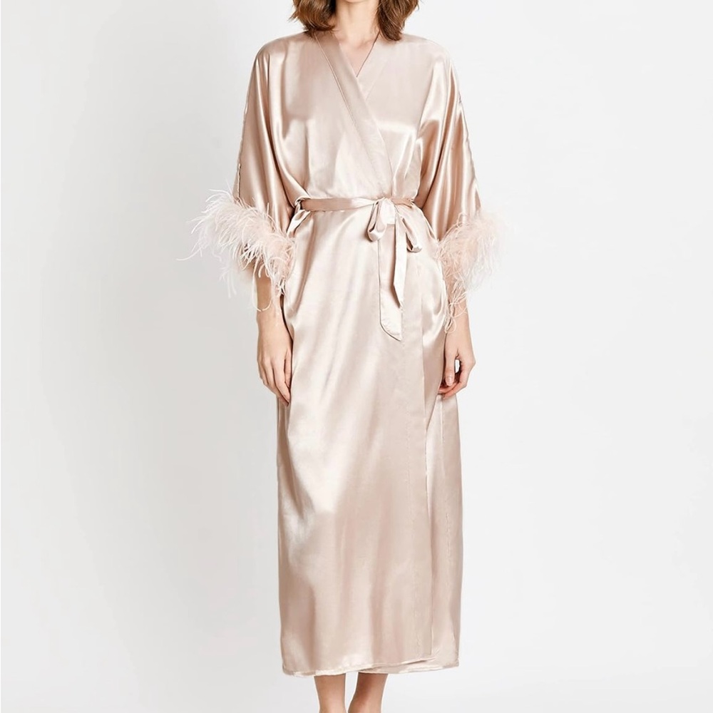 Prodesign Champagne Satin Kimono Long Silky Bathrobe with Ostrich Feather Trim